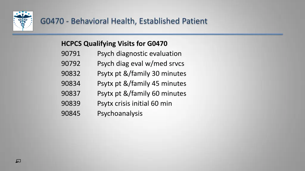 g0470 behavioral health established patient