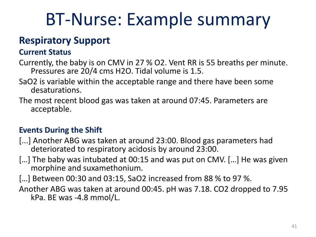 bt nurse example summary respiratory support
