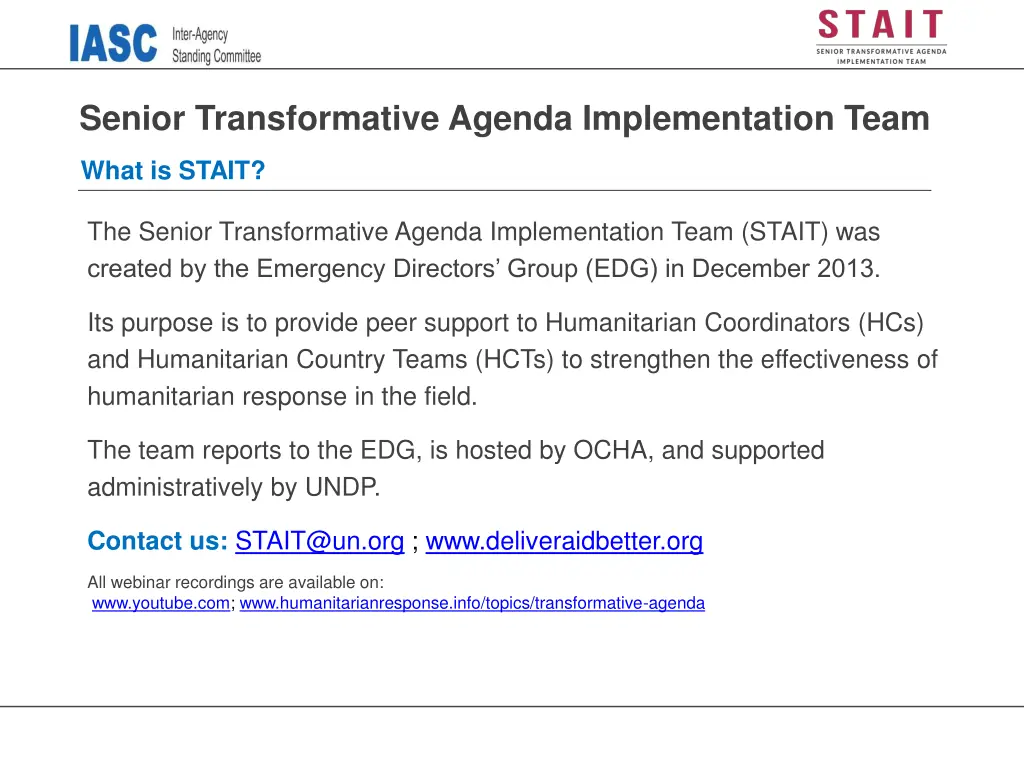 senior transformative agenda implementation team 1