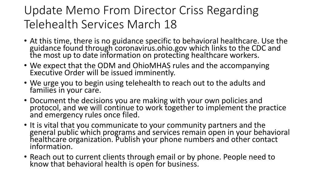 update memo from director criss regarding