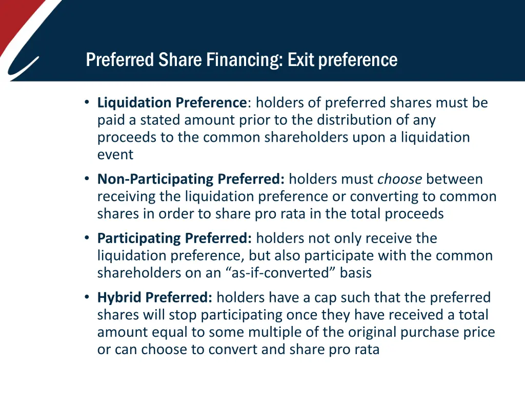 preferred share financing exit preference
