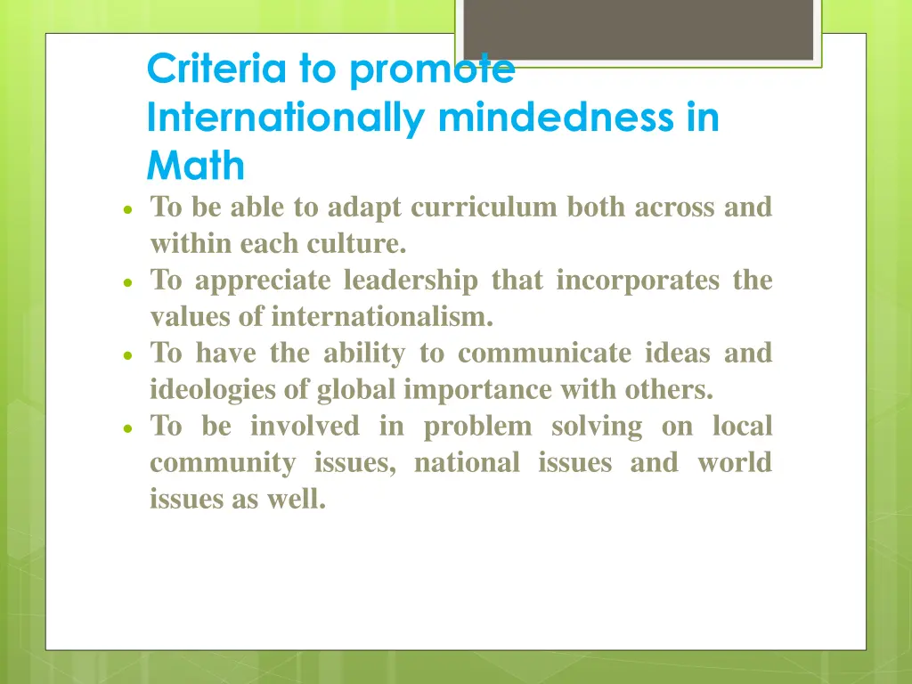 criteria to promote internationally mindedness