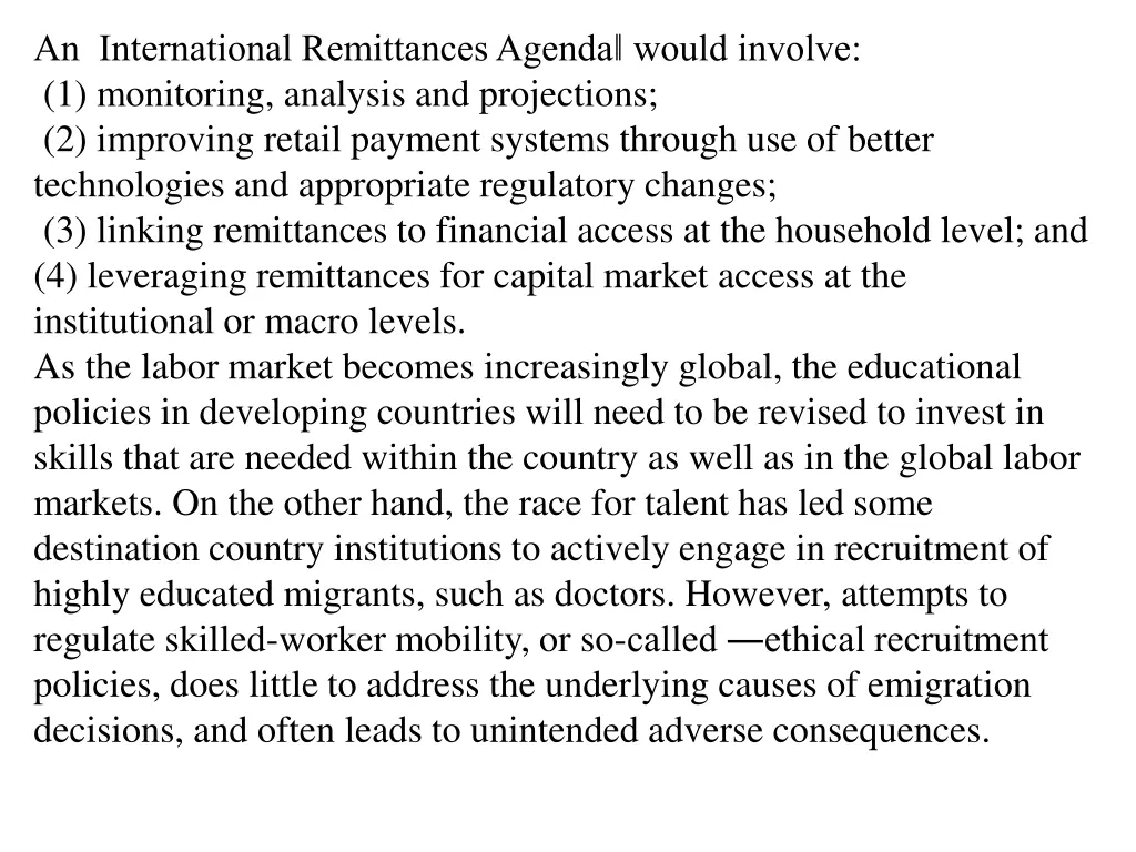 an international remittances agenda would involve