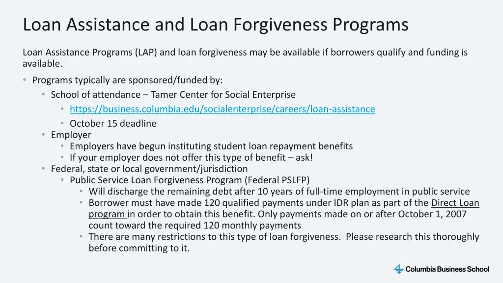 loan assistance and loan forgiveness programs