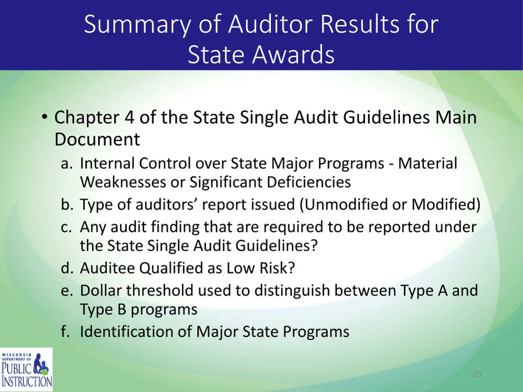 summary of auditor results for state awards