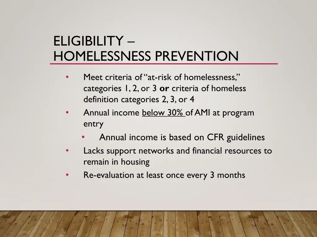 eligibility homelessness prevention
