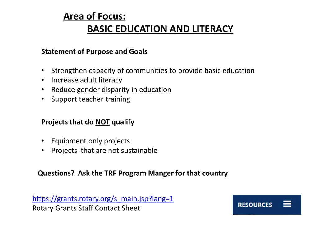 area of focus basic education and literacy