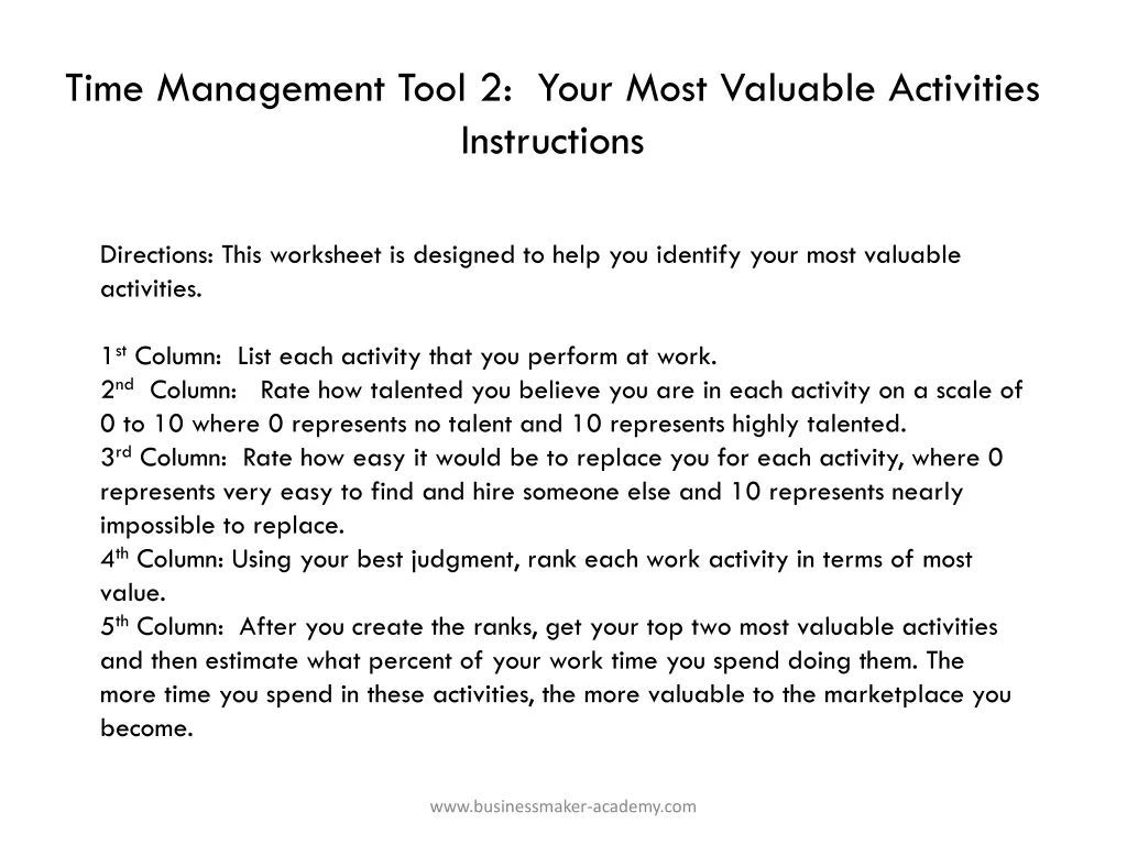 time management tool 2 your most valuable