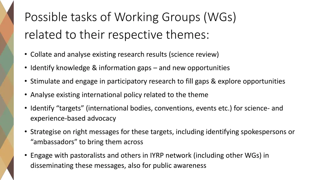 possible tasks of working groups wgs related