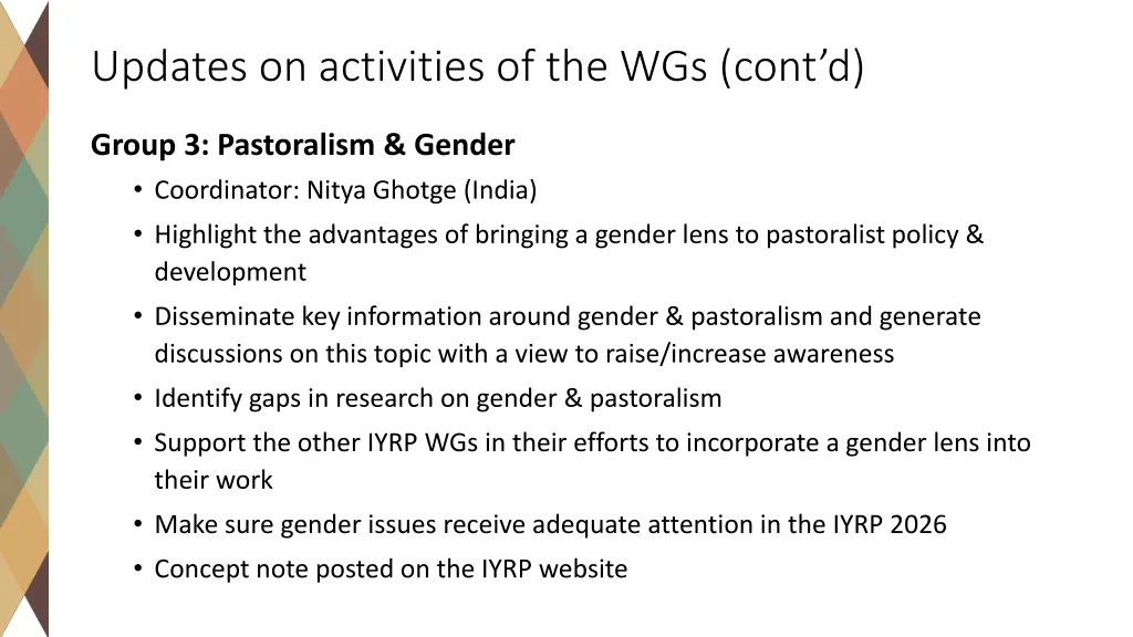 updates on activities of the wgs cont d