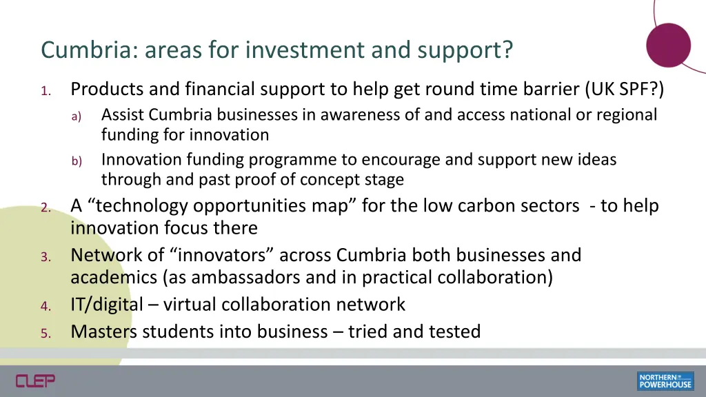 cumbria areas for investment and support