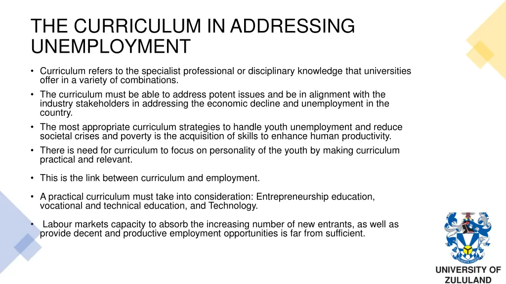 the curriculum in addressing unemployment