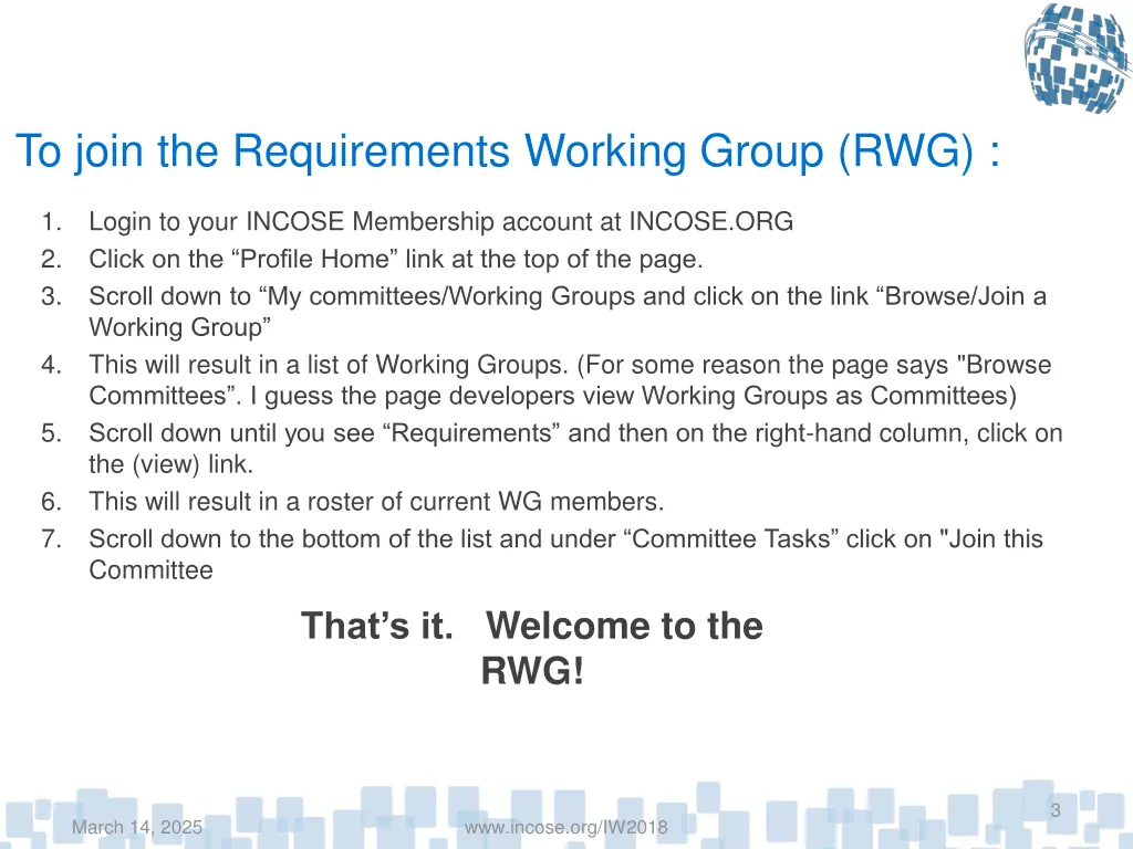 to join the requirements working group rwg