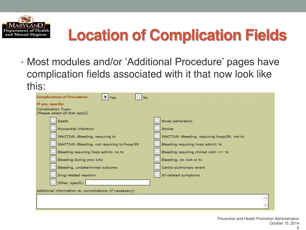 location of complication fields