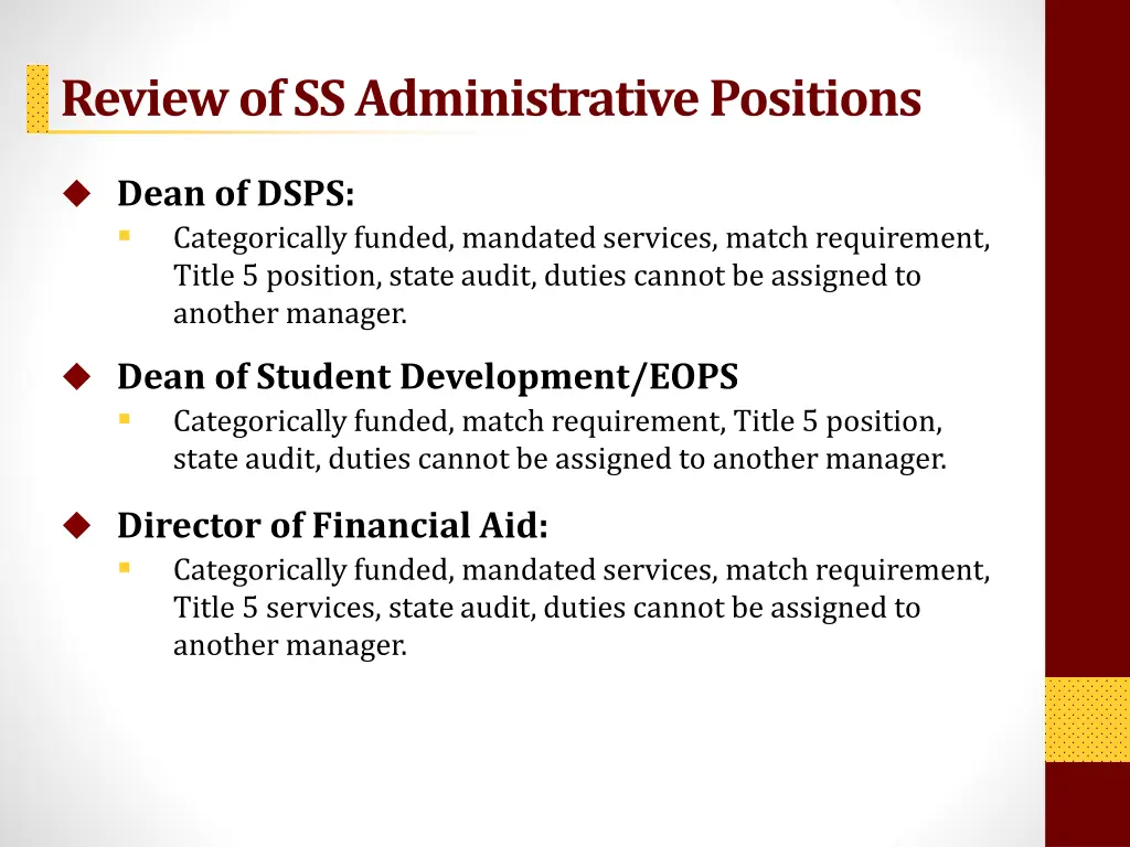 review of ss administrative positions