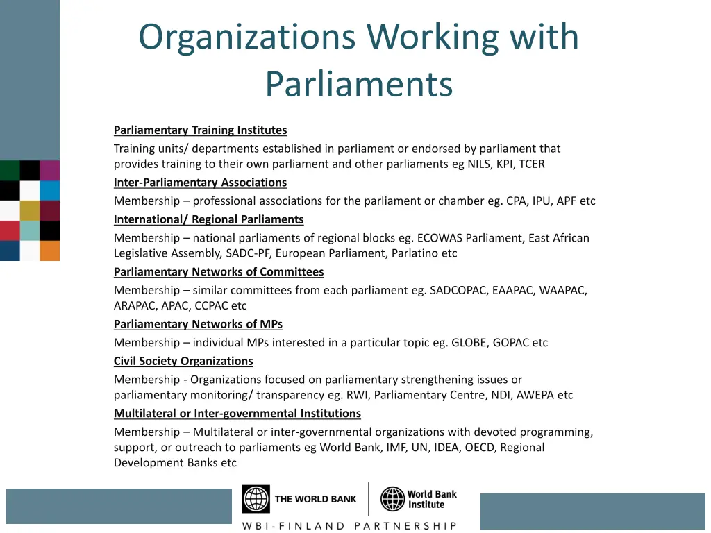 organizations working with parliaments