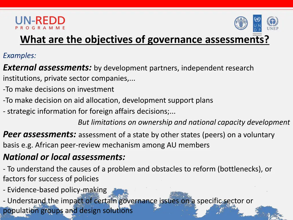 what are the objectives of governance assessments