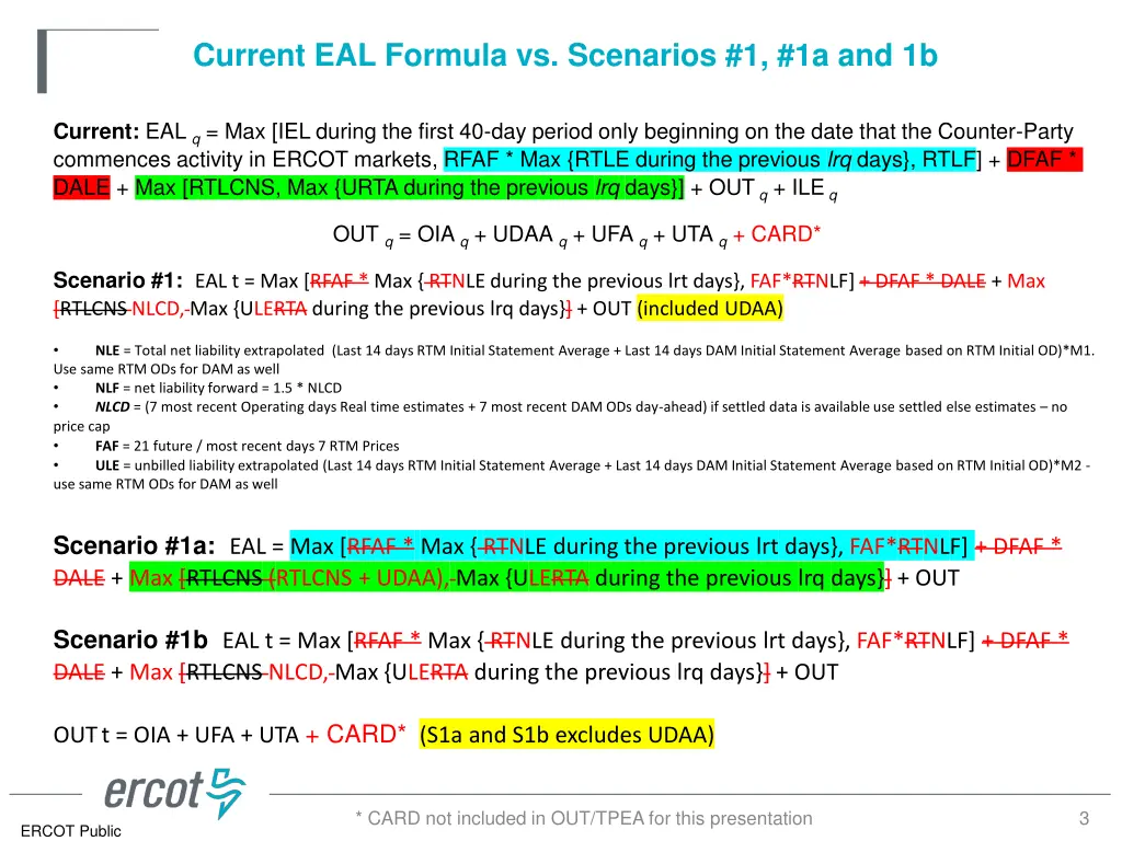 current eal formula vs scenarios 1 1a and 1b