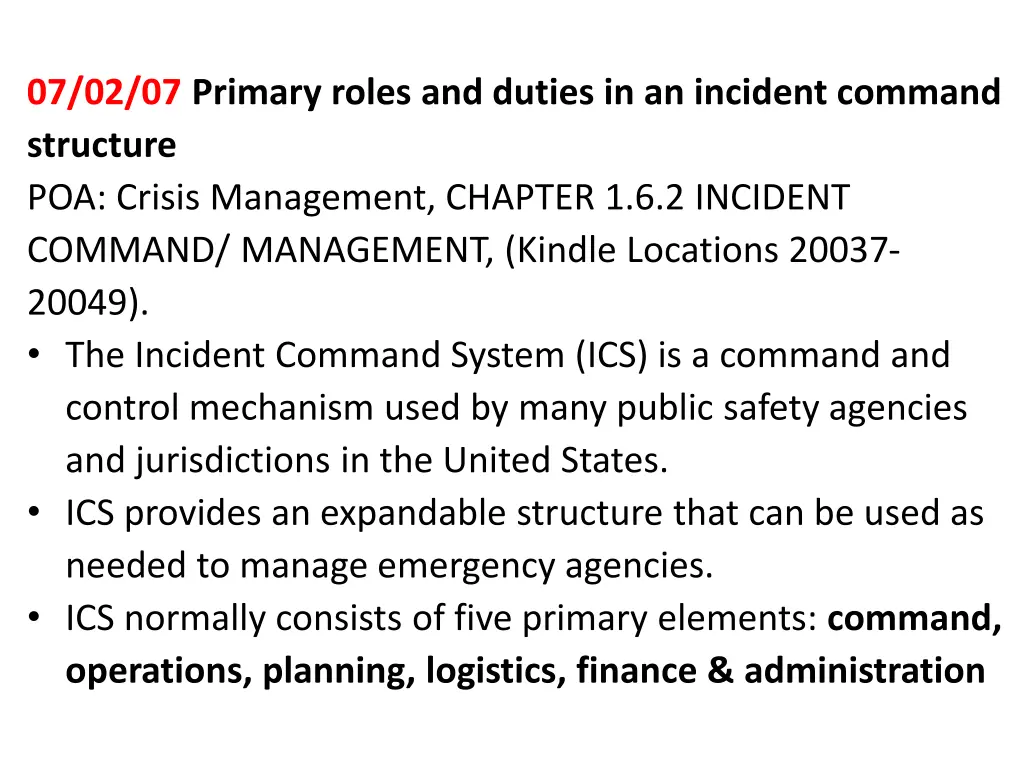 07 02 07 primary roles and duties in an incident