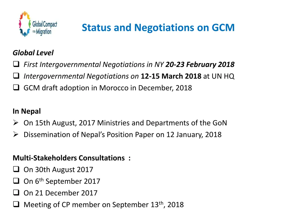 status and negotiations on gcm