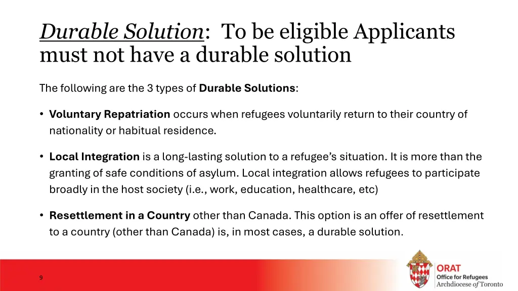 durable solution to be eligible applicants must