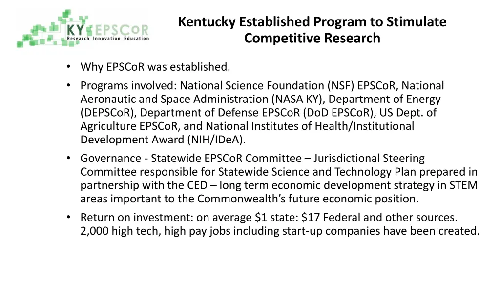 kentucky established program to stimulate