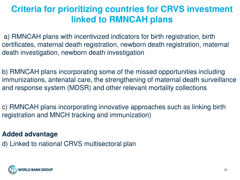 criteria for prioritizing countries for crvs