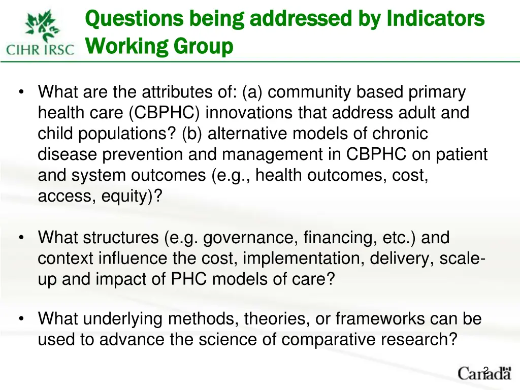 questions being addressed by indicators questions