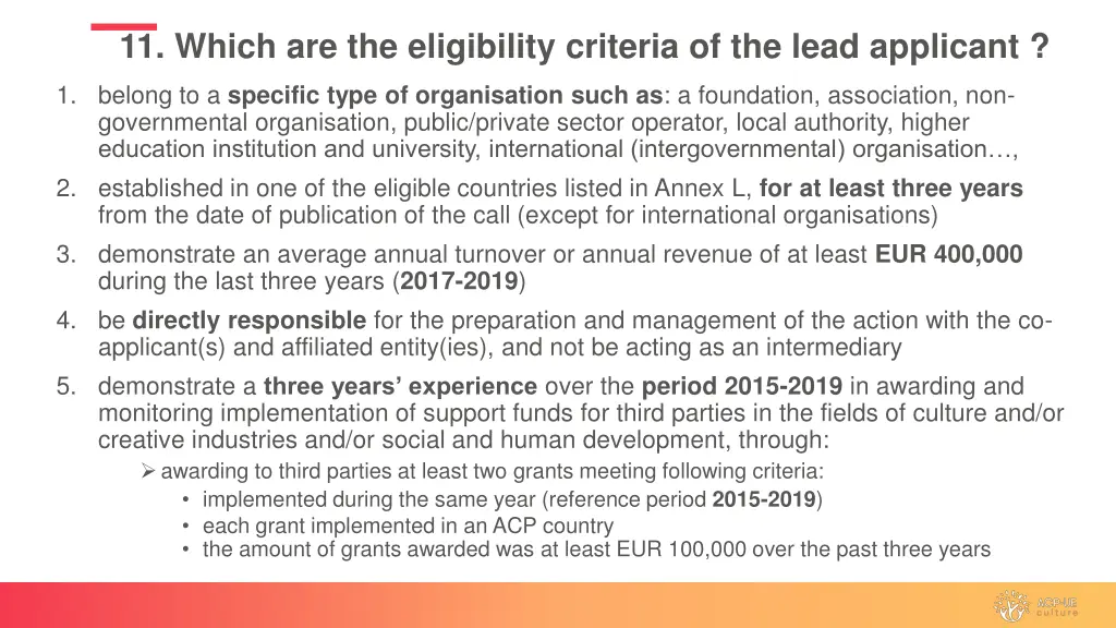 11 which are the eligibility criteria of the lead