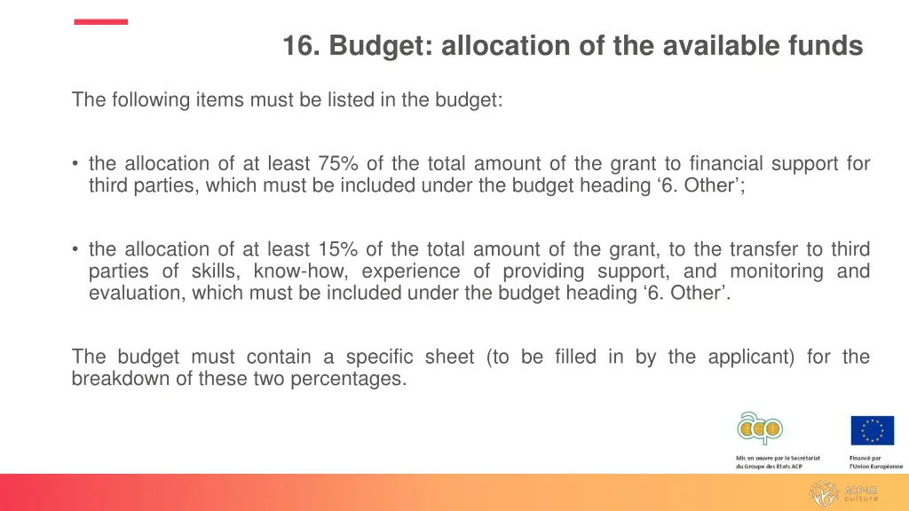 16 budget allocation of the available funds