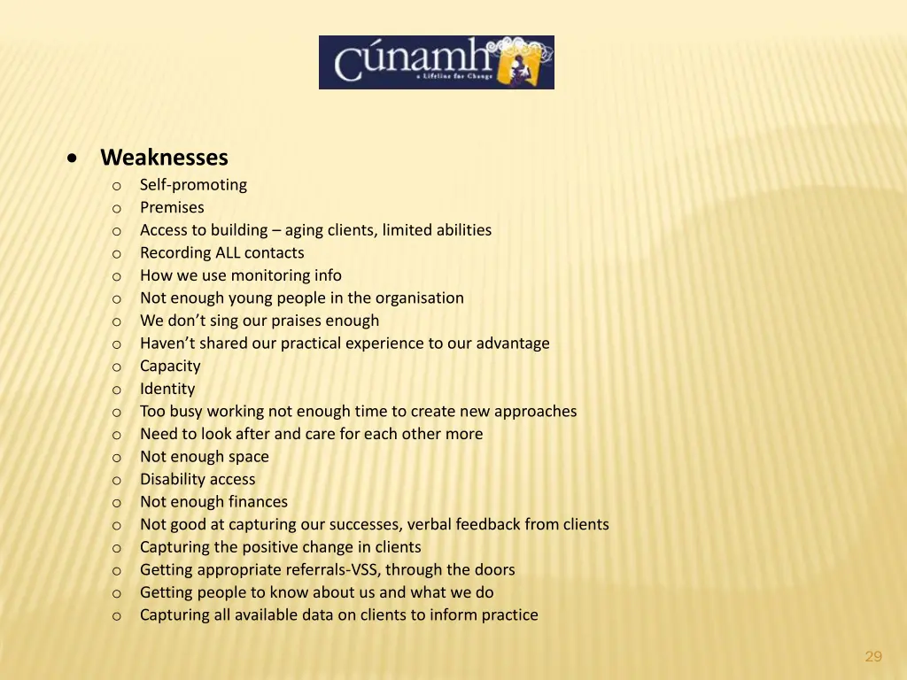 weaknesses o self promoting o premises o access