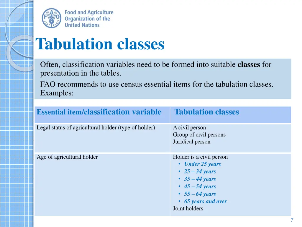 tabulation classes
