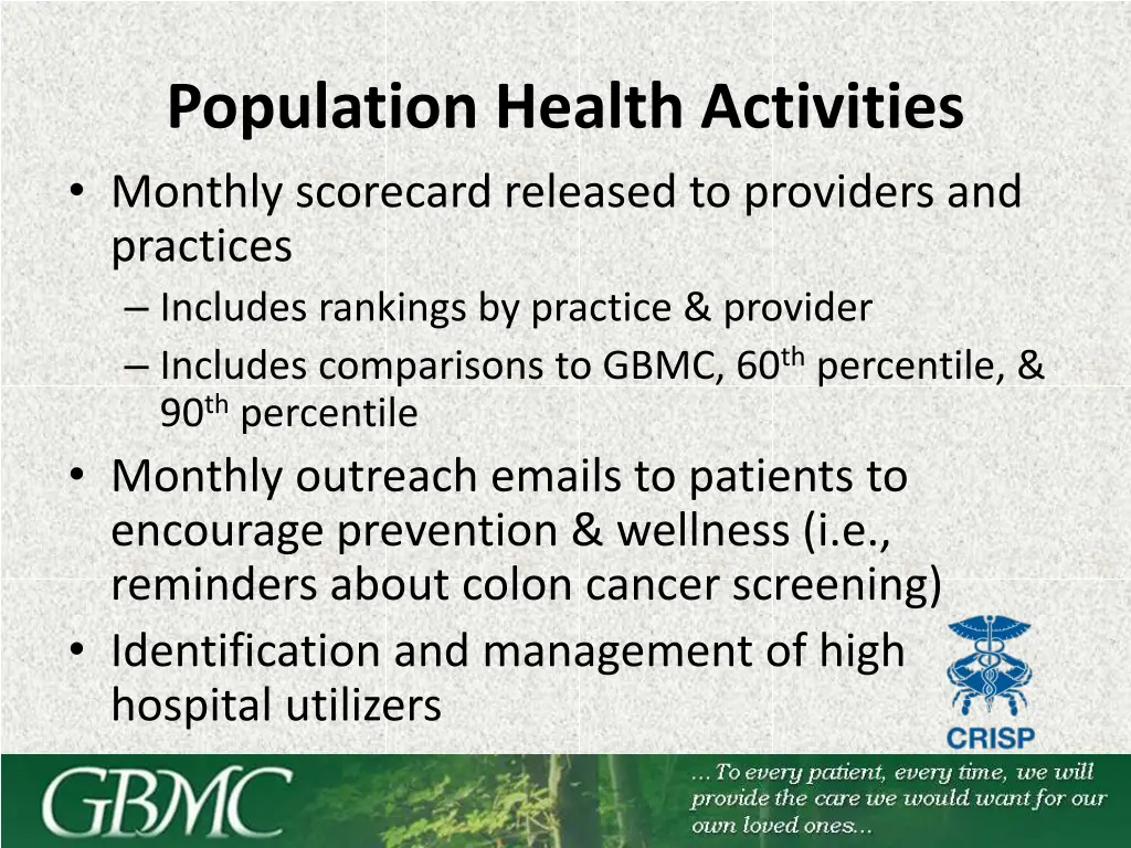 population health activities monthly scorecard