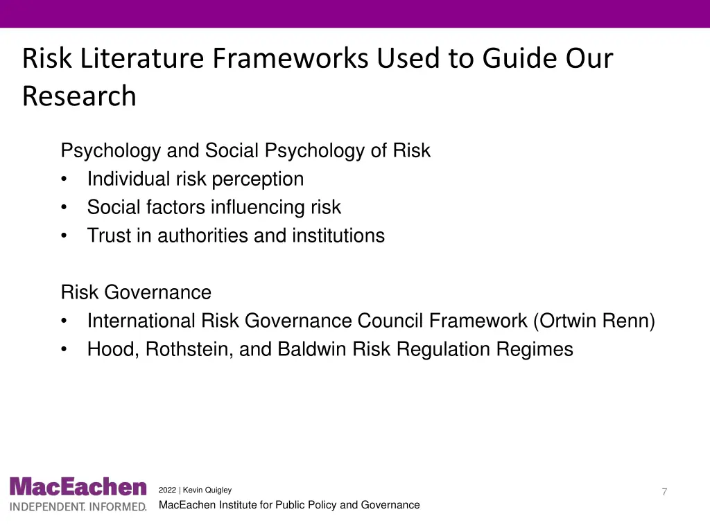 risk literature frameworks used to guide