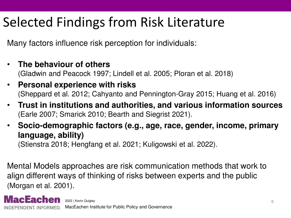selected findings from risk literature