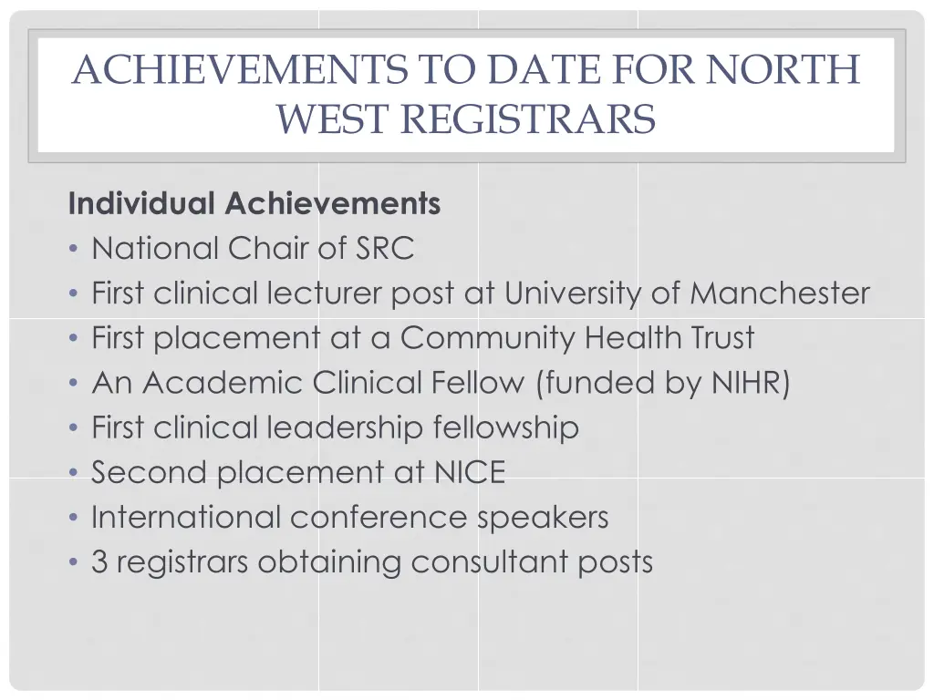 achievements to date for north west registrars 1