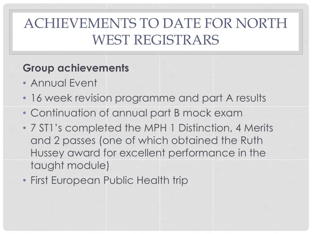 achievements to date for north west registrars