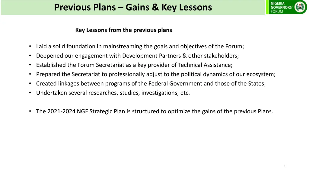 previous plans gains key lessons