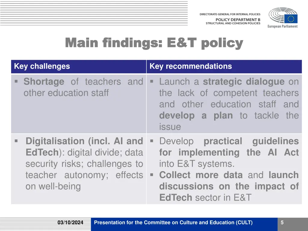 main findings e t policy main findings e t policy 1