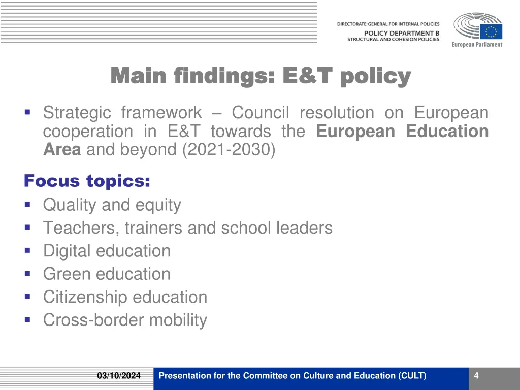 main findings e t policy main findings e t policy