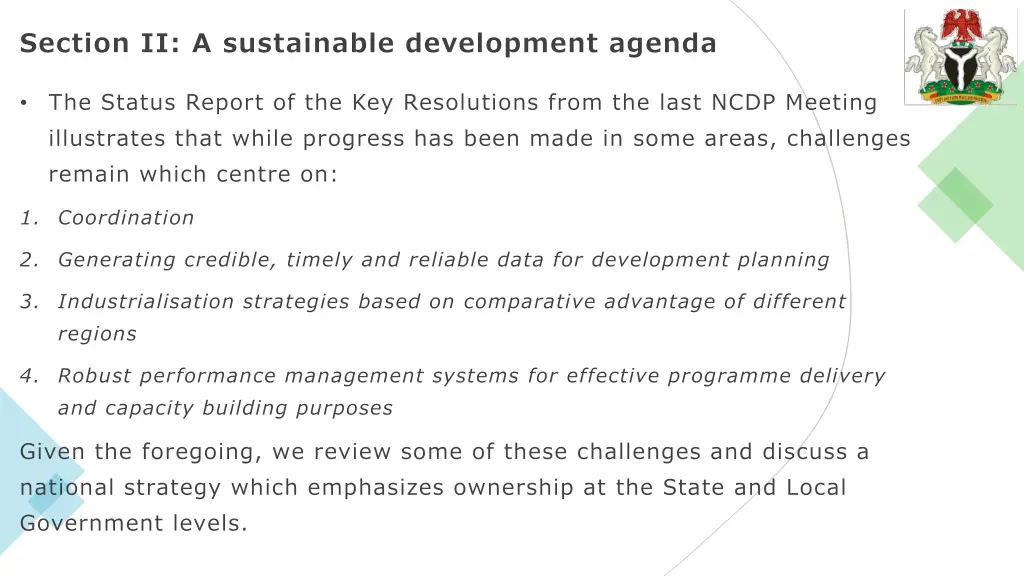 section ii a sustainable development agenda