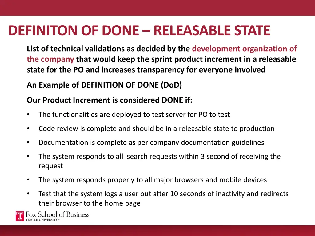 definiton of done releasable state