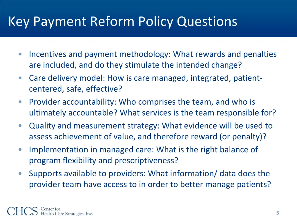 key payment reform policy questions