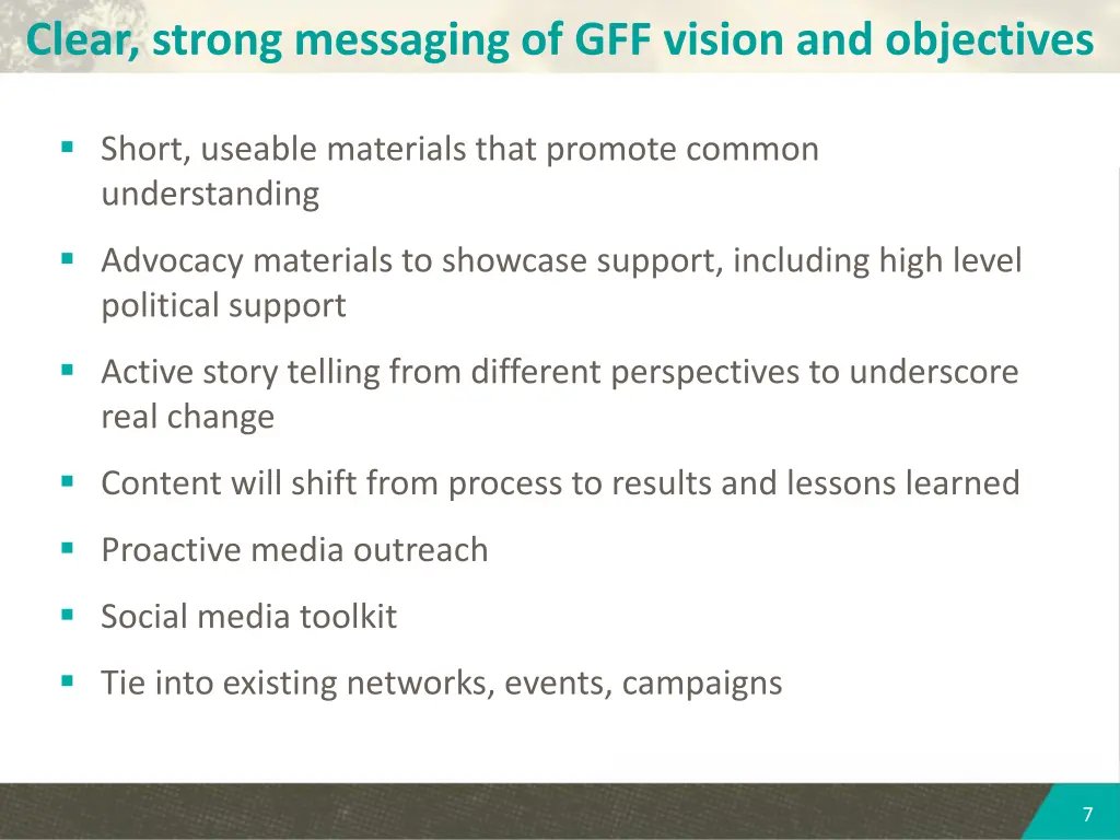 clear strong messaging of gff vision