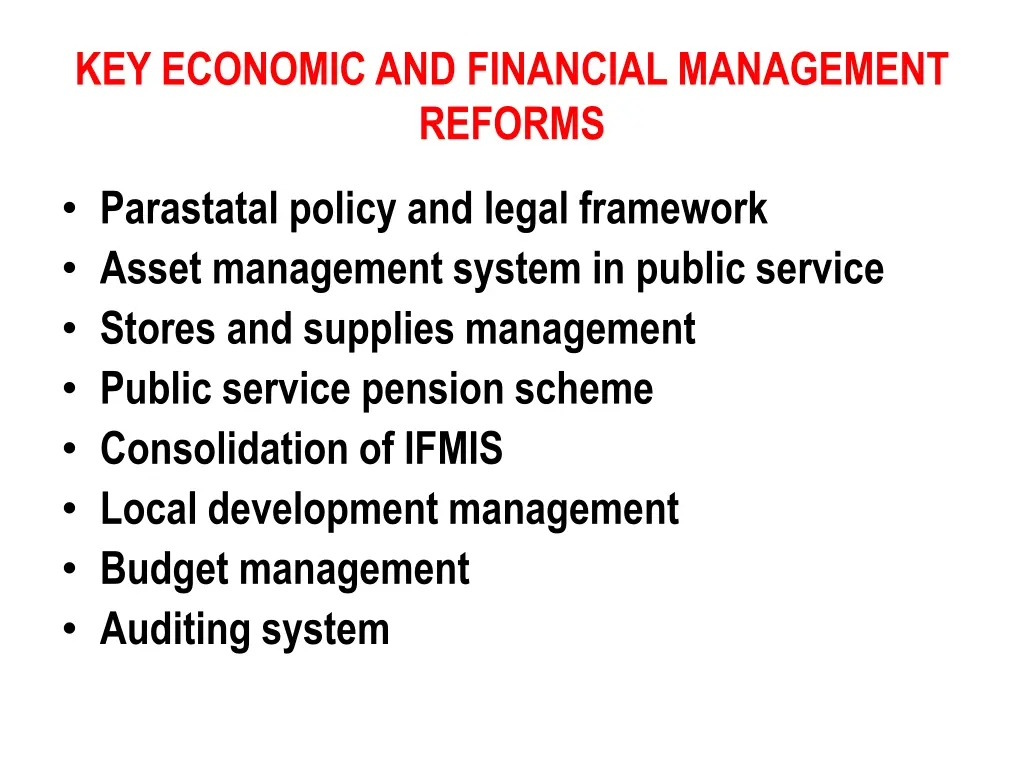 key economic and financial management reforms