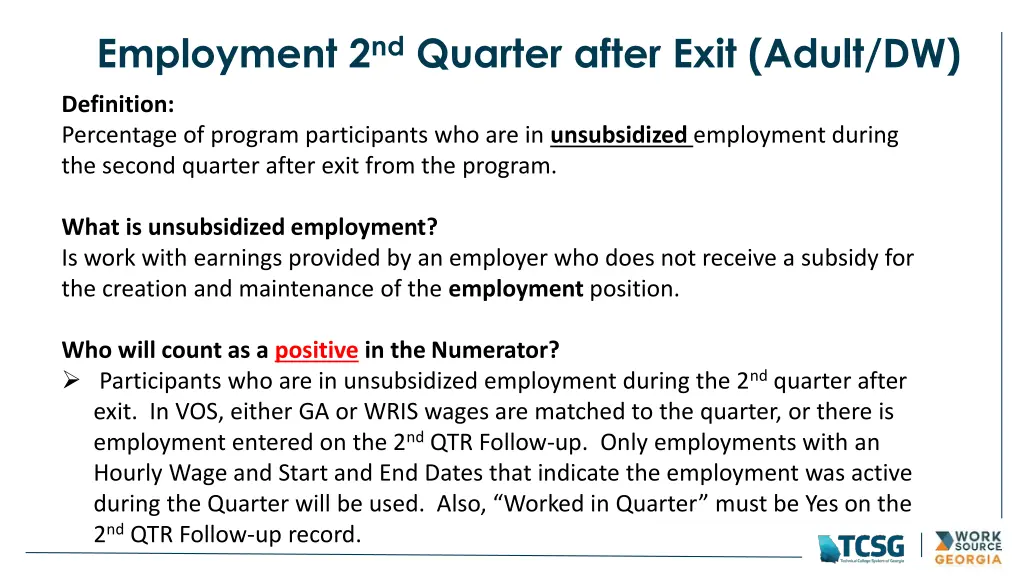 employment 2 nd quarter after exit adult dw