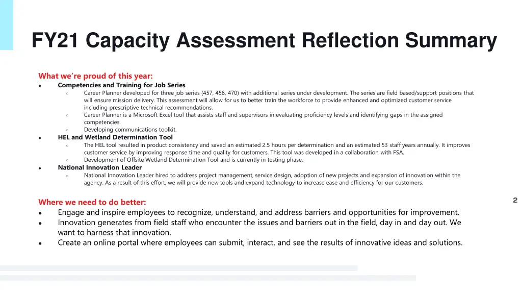 fy21 capacity assessment reflection summary