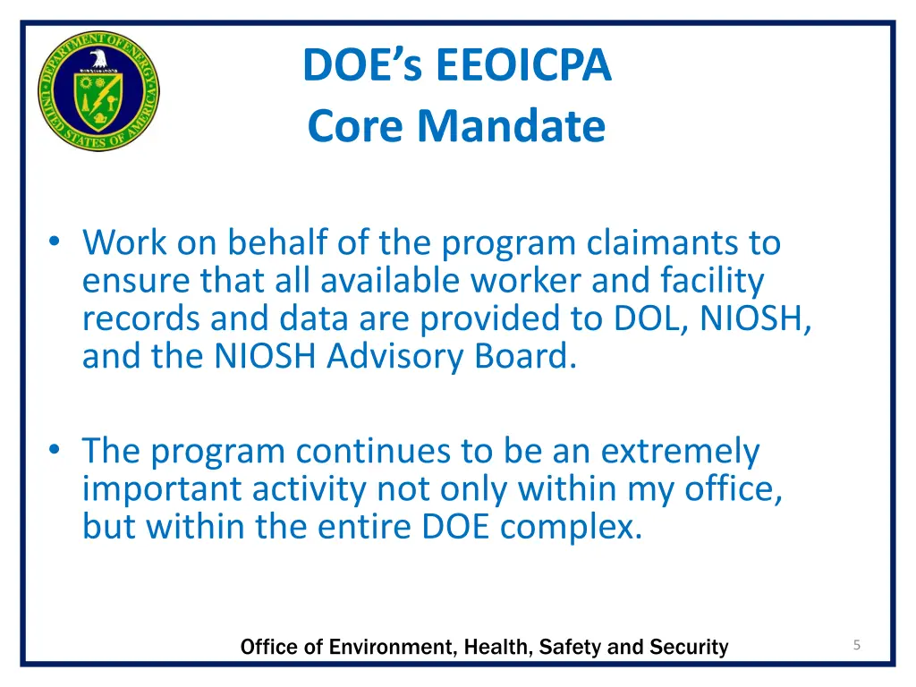 doe s eeoicpa core mandate
