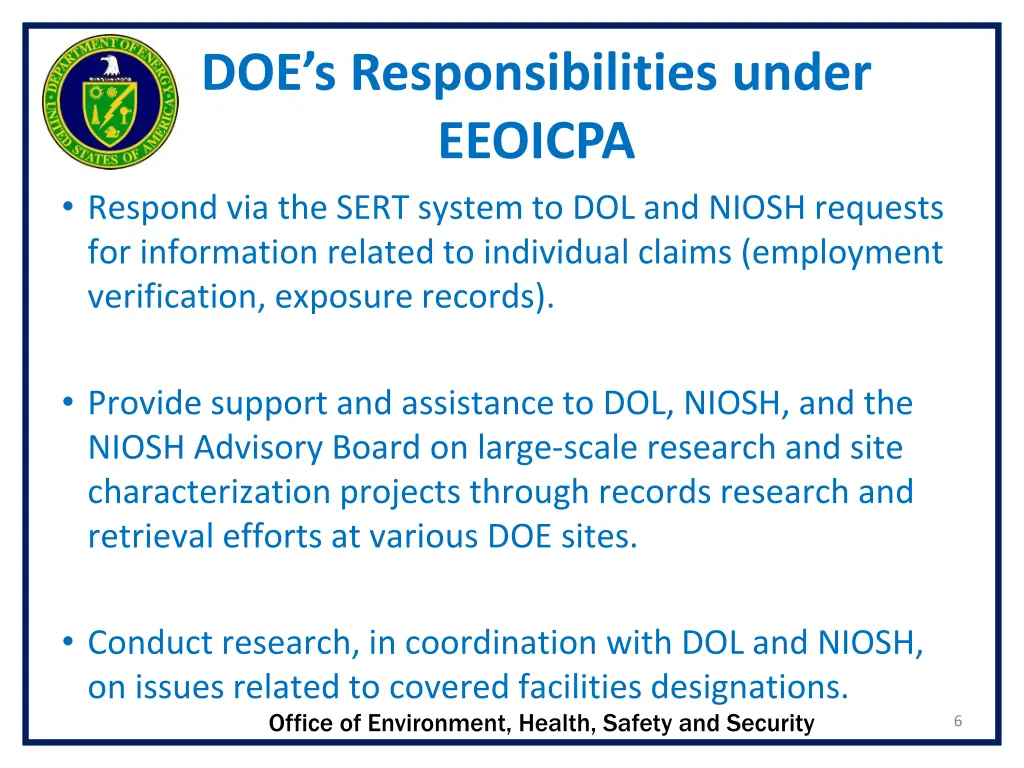 doe s responsibilities under eeoicpa respond