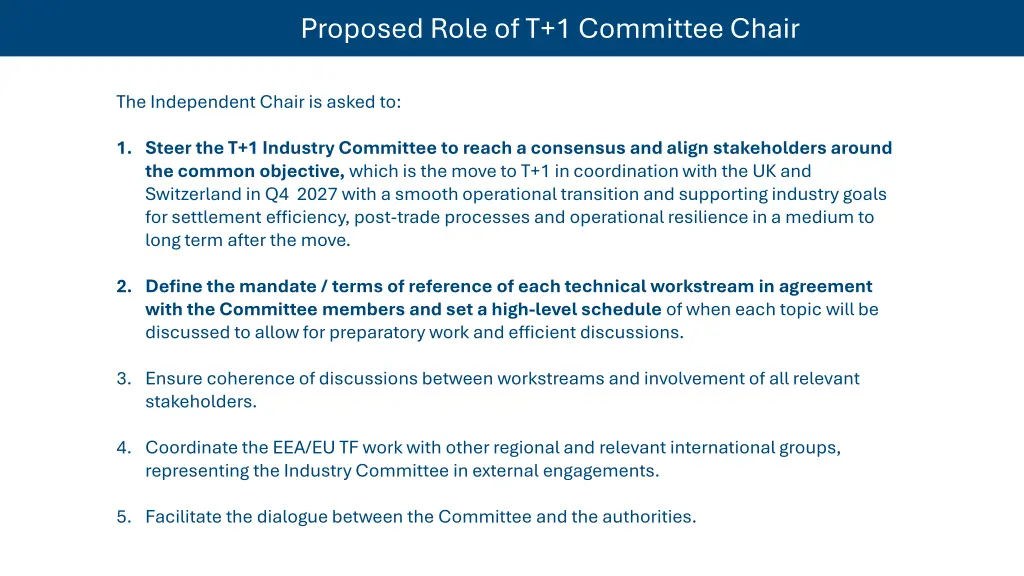 proposed role of t 1 committee chair